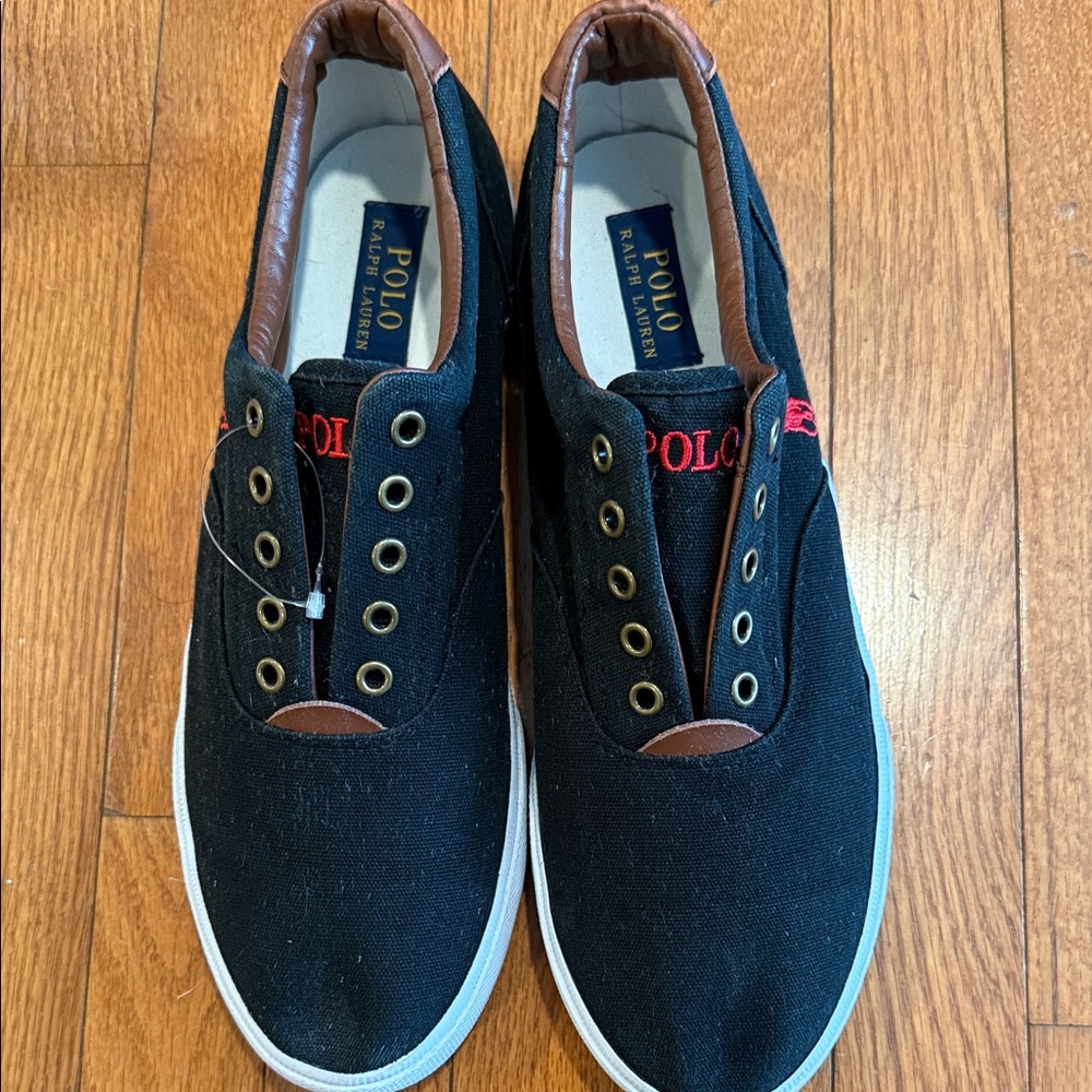 Polo by Ralph Lauren Black Canvas Slip-On Loafers with Brown Trim